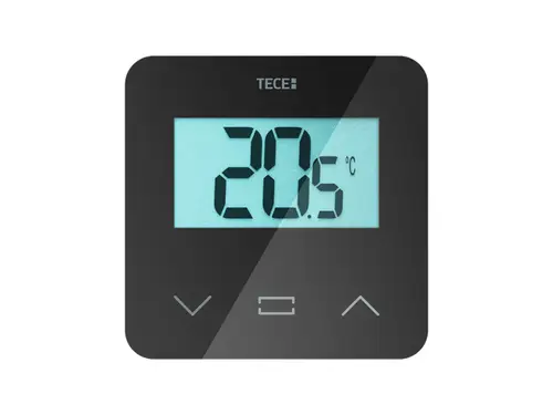 TECE Raumbediengerät mit LCD-Display zeigt die Temperatur von 20,5 °C an. Minimalistisches Design mit Bedienelementen zur Temperaturregelung.